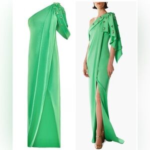 OZGUR MASUR One-shoulder Draped Maxi Dress in Shiny Green Crepe